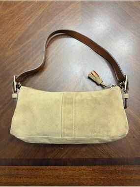 Coach Suede Shoulder Bag in Beige with Brown Strap